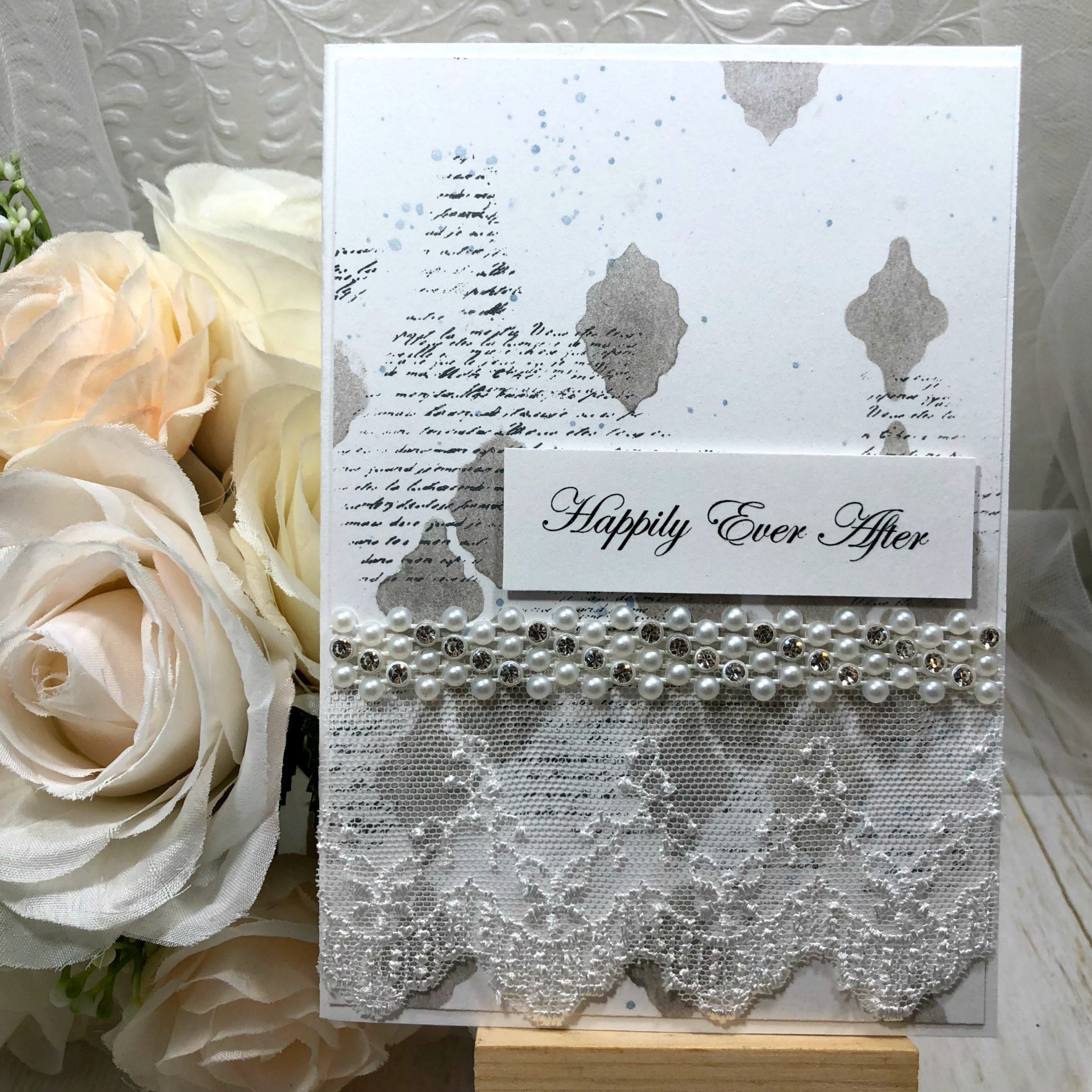 Handmade mixed media inspired wedding card with silver and white tones